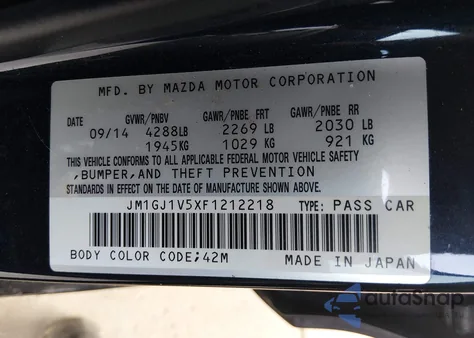 2015 Mazda Mazda6 I Touring z USA, uszkodzony, nr VIN JM1GJ1V5XF1212218